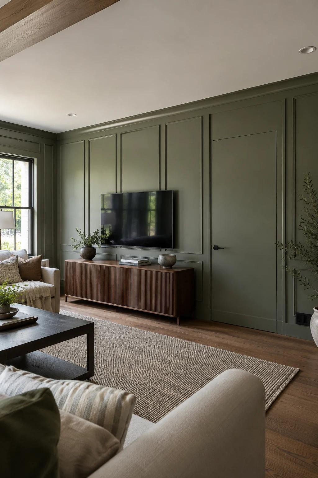 Concealed door integrated into living room wall paneling