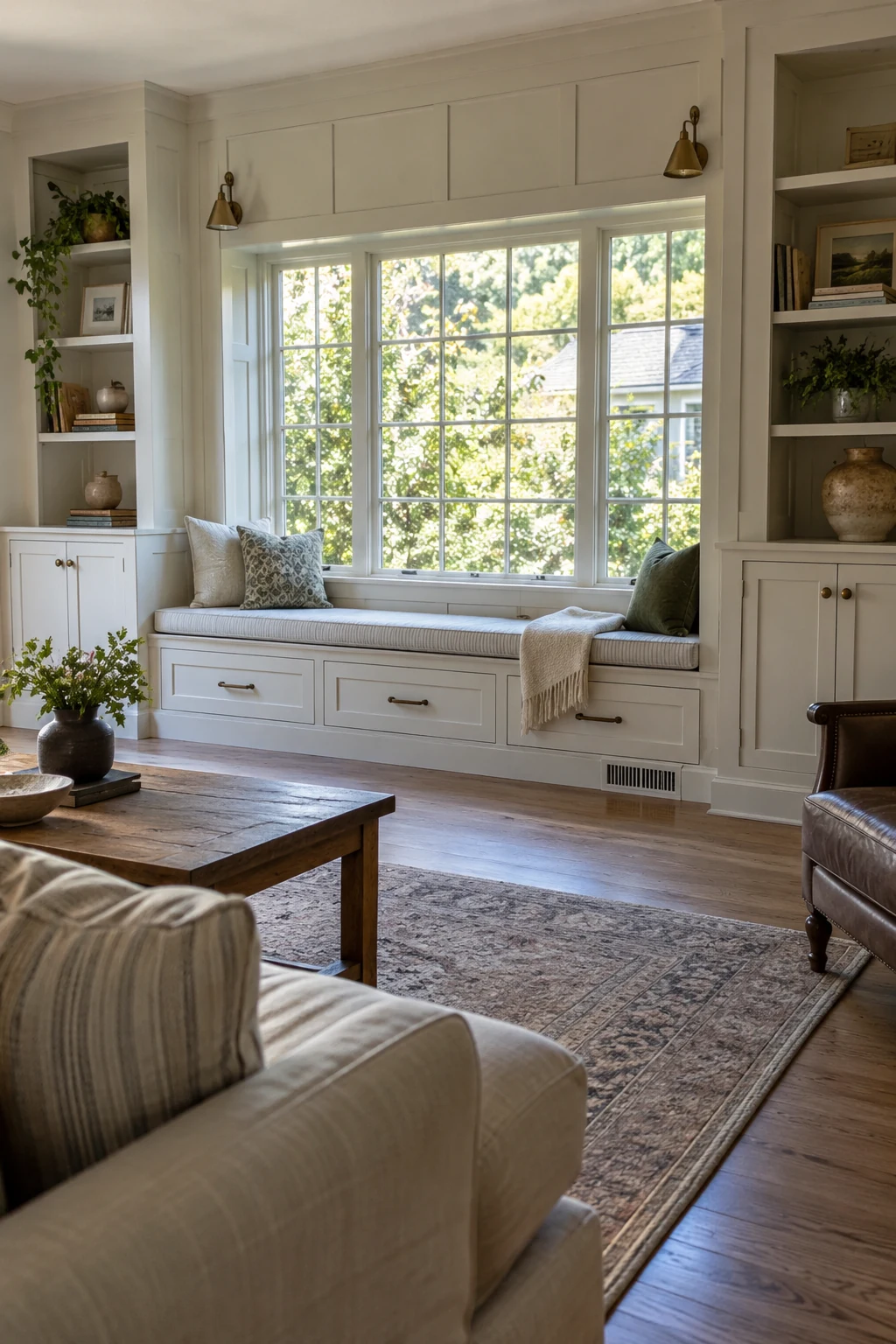Window-seat wall with painted panels and hidden storage