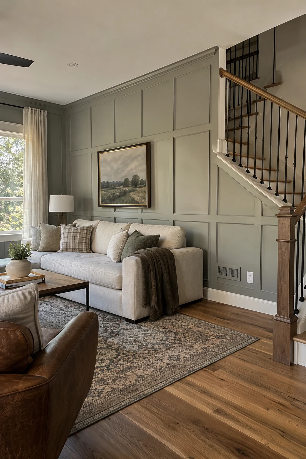 Living room paneling continuing beside an open staircase