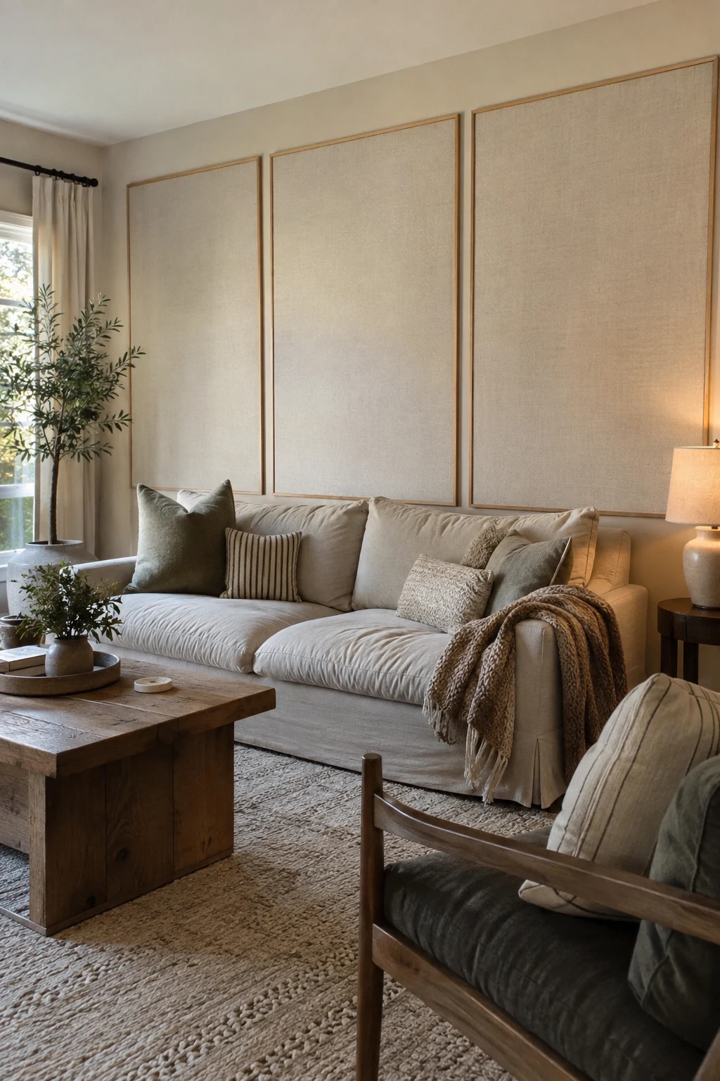 Removable fabric panel frames behind a rental living room sofa