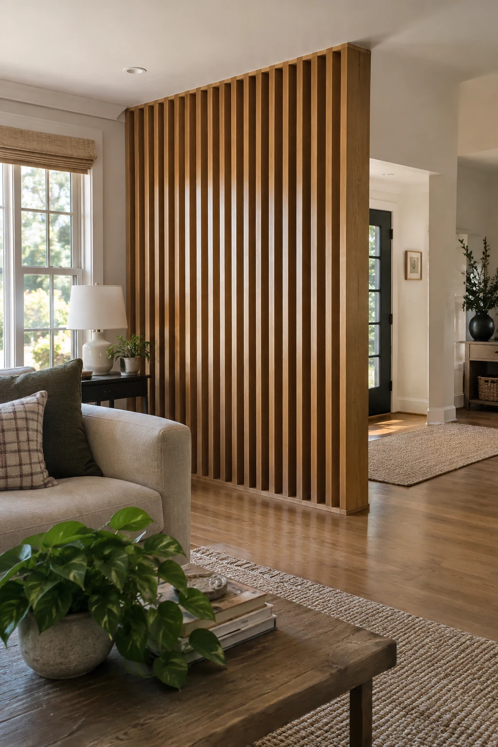 Freestanding slat divider defining a living room entry