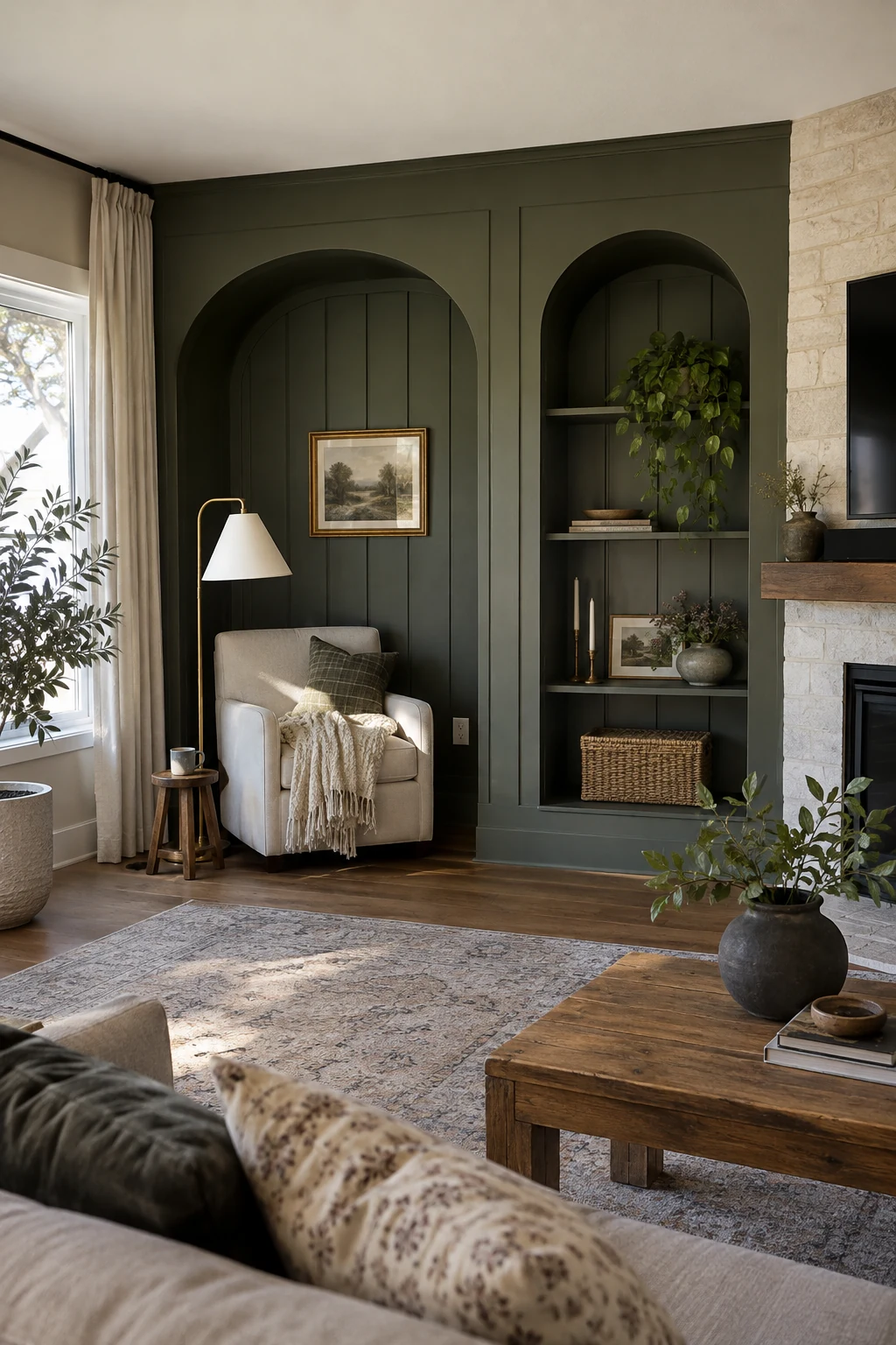 Arched paneled alcove around a living room reading chair