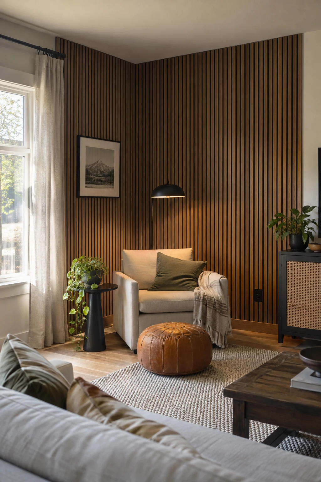 Acoustic felt-backed slat panels in a living room reading corner