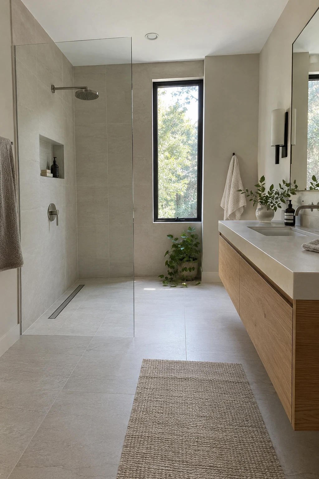Modern bathroom with a curbless walk-in shower and clear glass panel