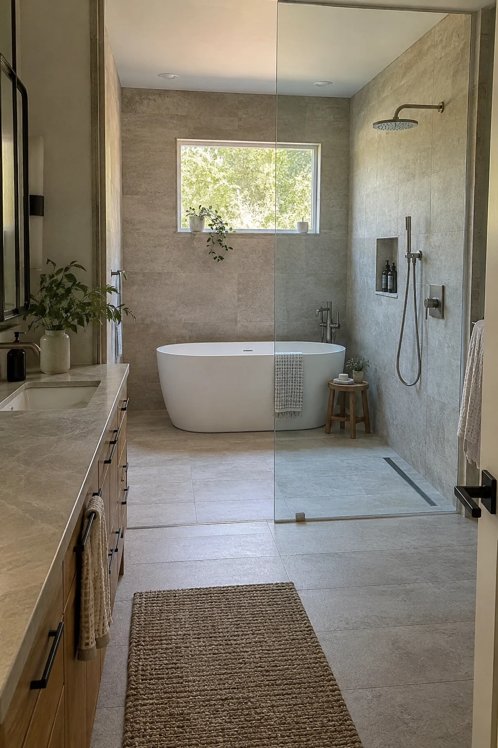 Modern wet room with a freestanding tub and open shower behind glass