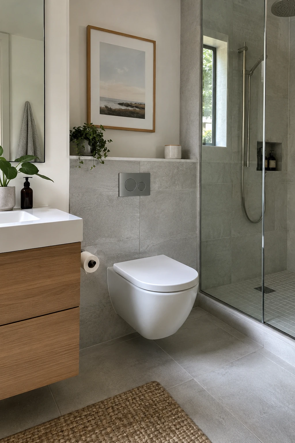 Compact modern bathroom with a wall-mounted toilet and concealed tank