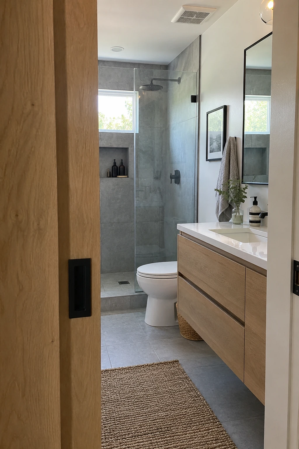 Modern bathroom entered through a space-saving pocket door