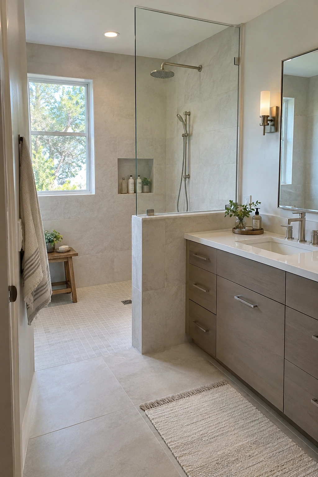 Modern shower divided by a short frameless glass panel
