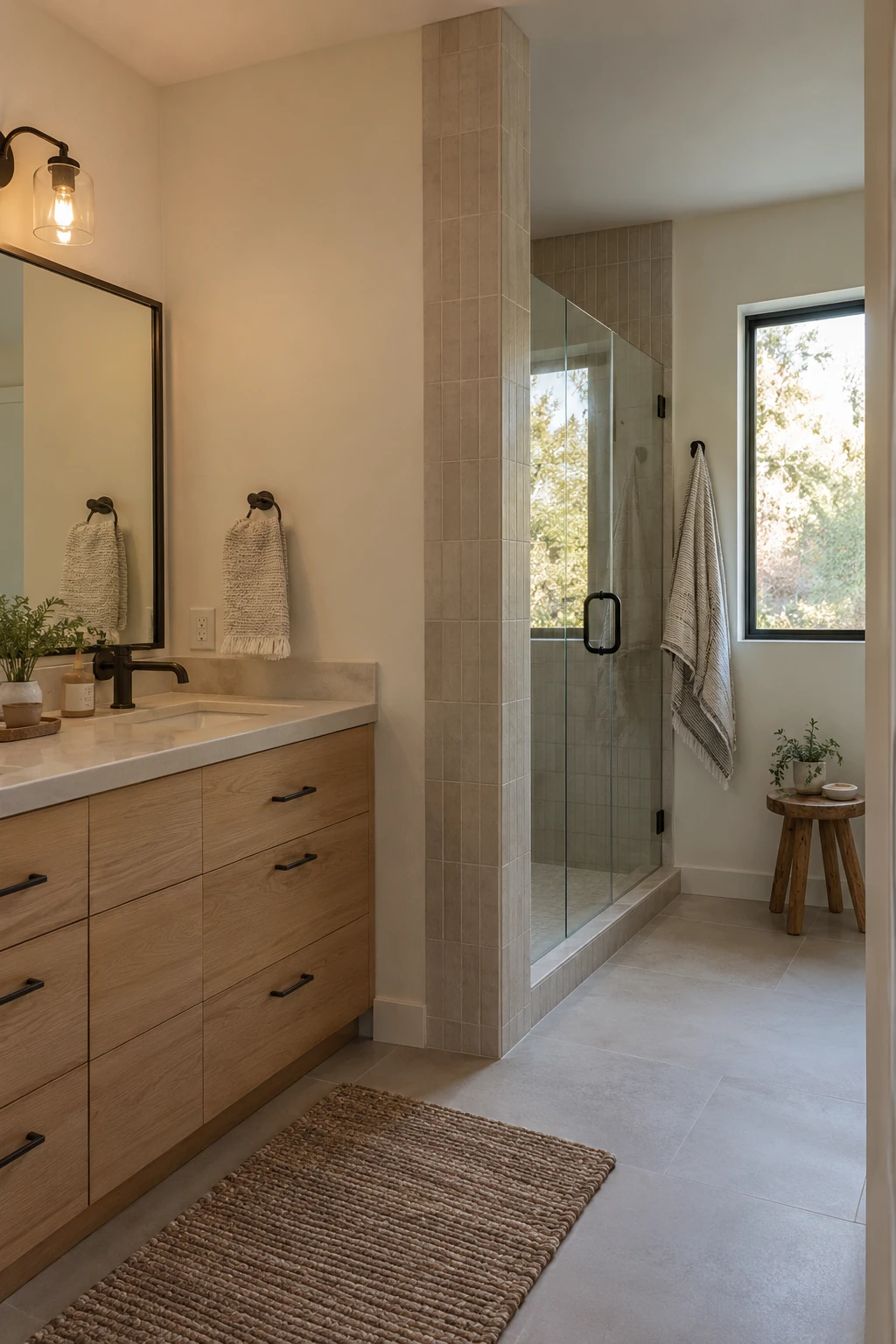 Modern bathroom with a dry vanity zone outside the shower area
