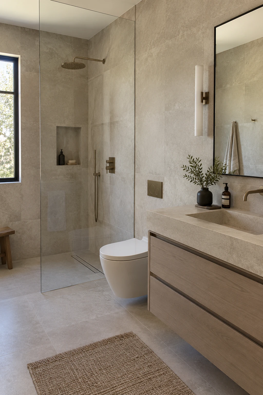 Modern bathroom clad in large-format warm stone-look porcelain tile