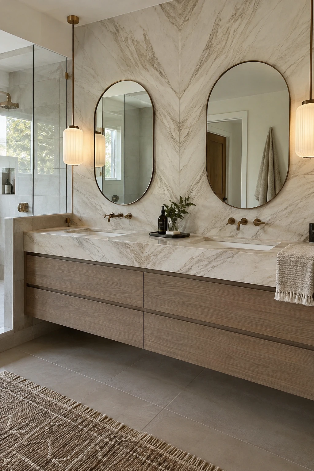 Modern double vanity backed by bookmatched stone slabs
