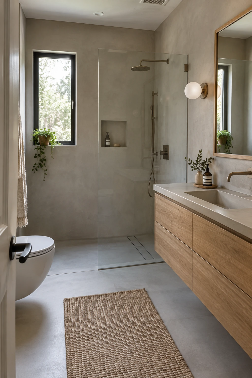Modern bathroom with seamless warm gray microcement walls and floor