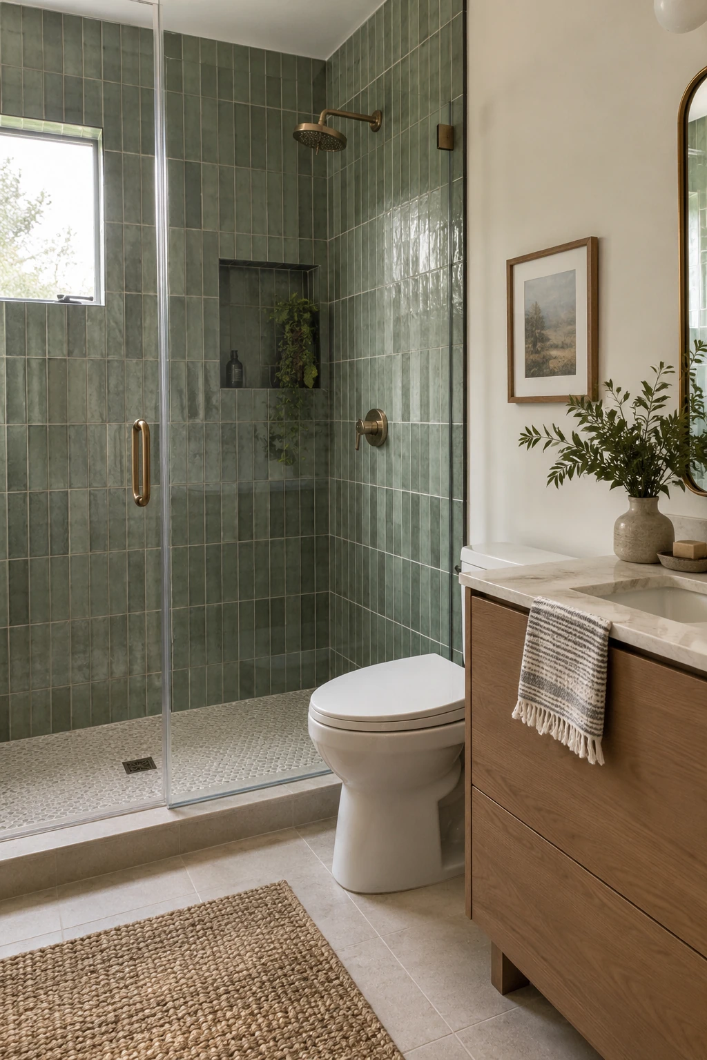 Modern shower with vertically stacked handmade-look green tile