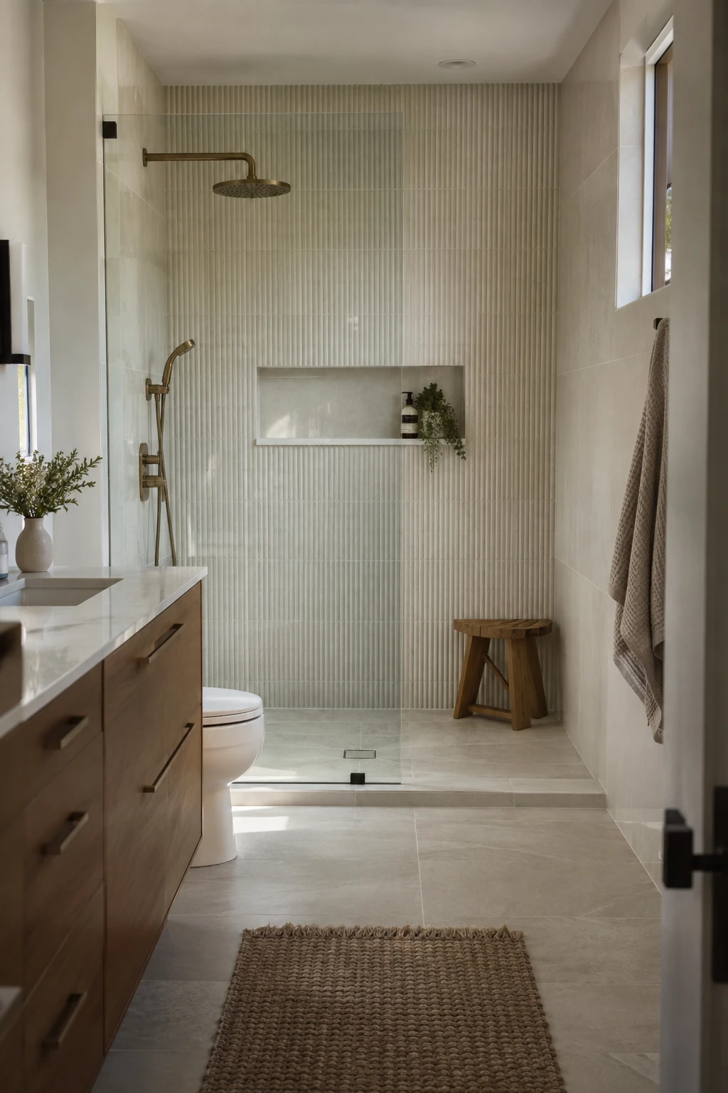 Modern shower with one wall of fluted ivory tile