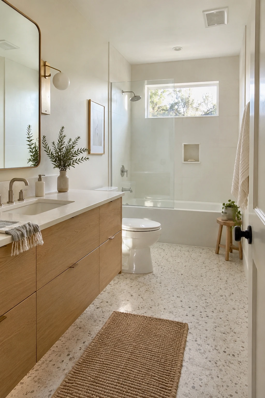 Modern bathroom with a warm terrazzo floor and simple white fixtures