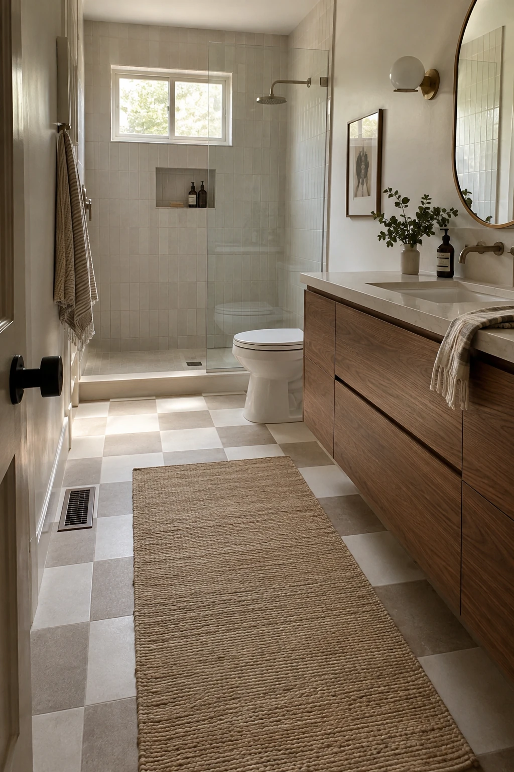 Modern bathroom with a muted stone checkerboard floor