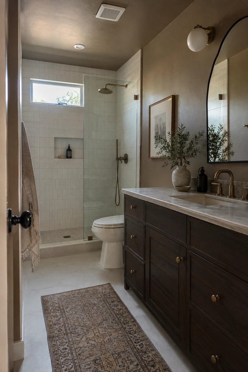 Modern bathroom with clay-colored walls and matching trim