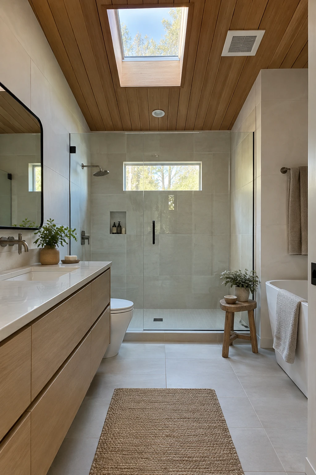 Modern bathroom with a warm wood slat ceiling above pale tile