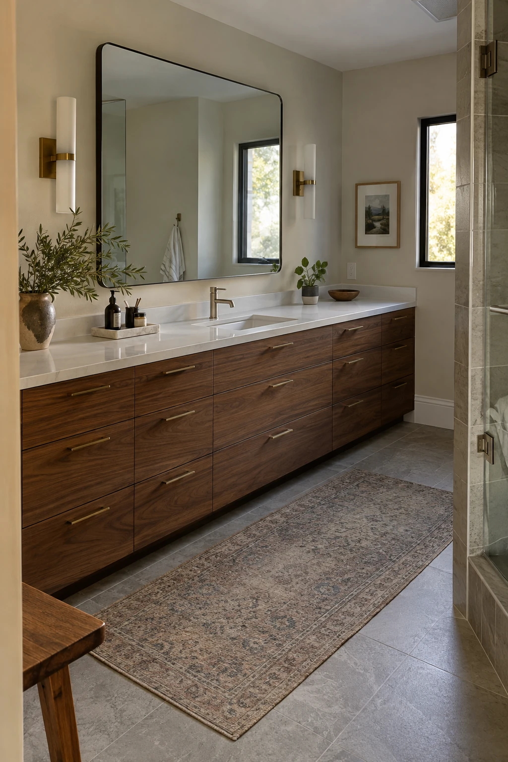 Modern bathroom with a long single-sink vanity and generous drawers