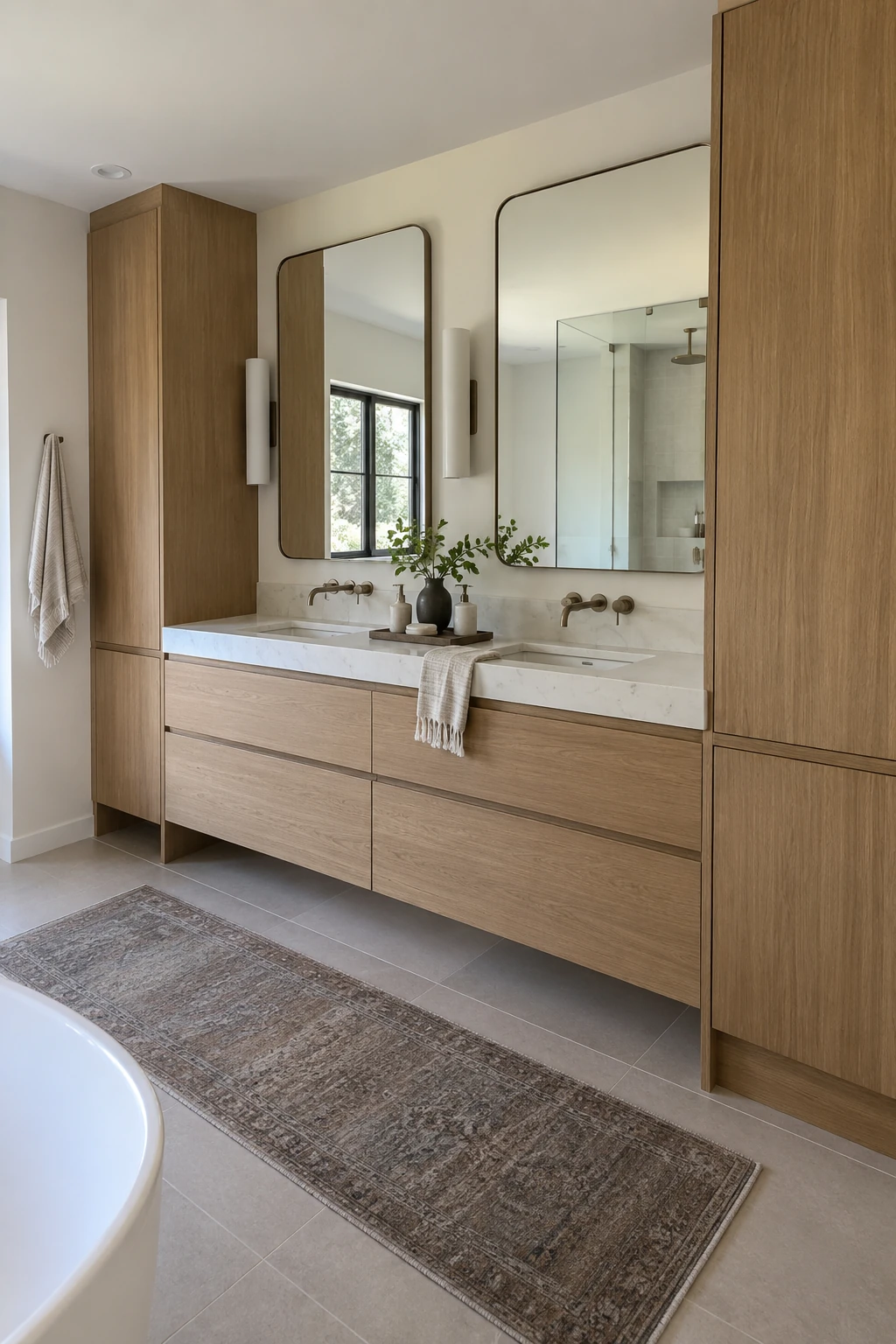 Modern double vanity framed by two tall linen storage towers