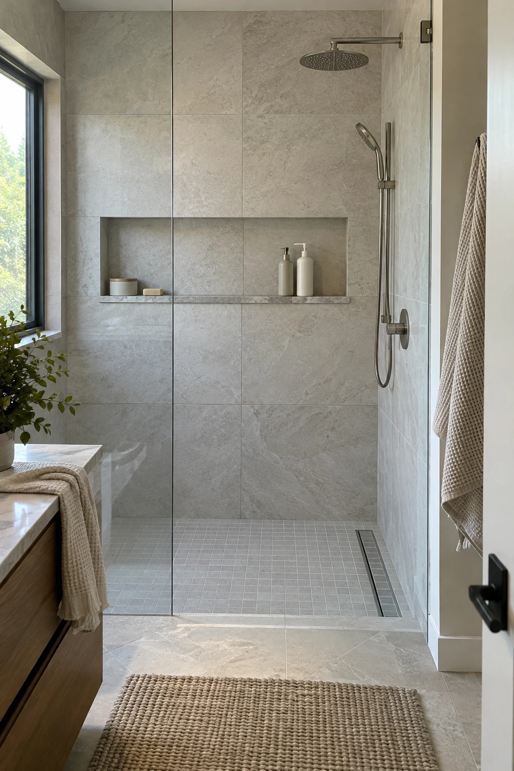 Modern shower niche aligned precisely with the surrounding tile joints