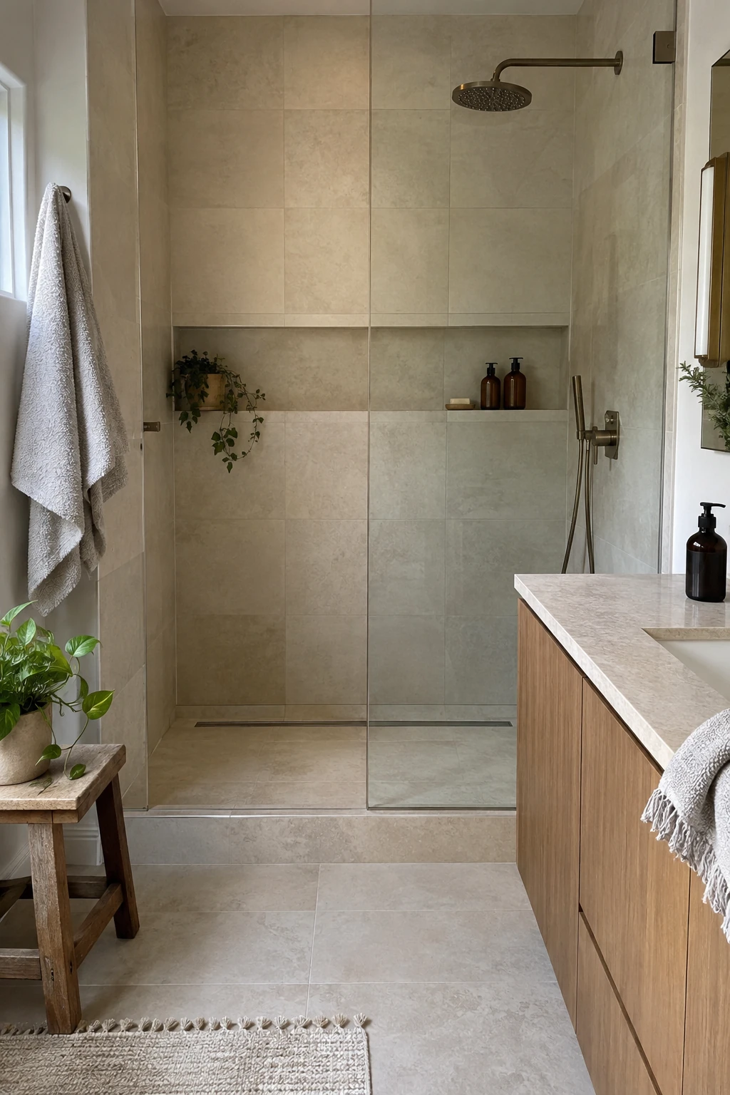 Modern shower with a full-width tiled ledge for bath products