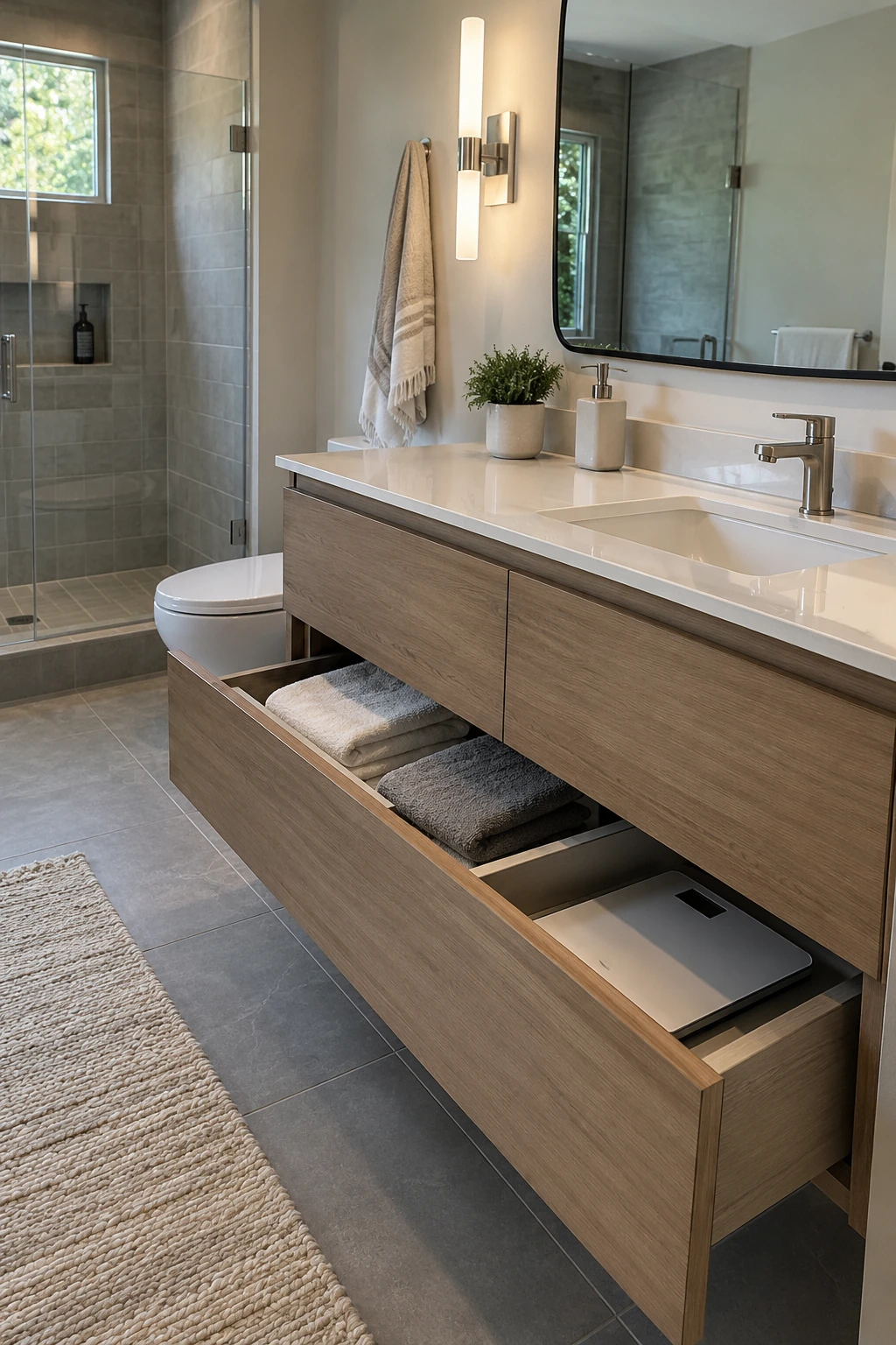 Modern floating vanity with a wide bottom drawer pulled open