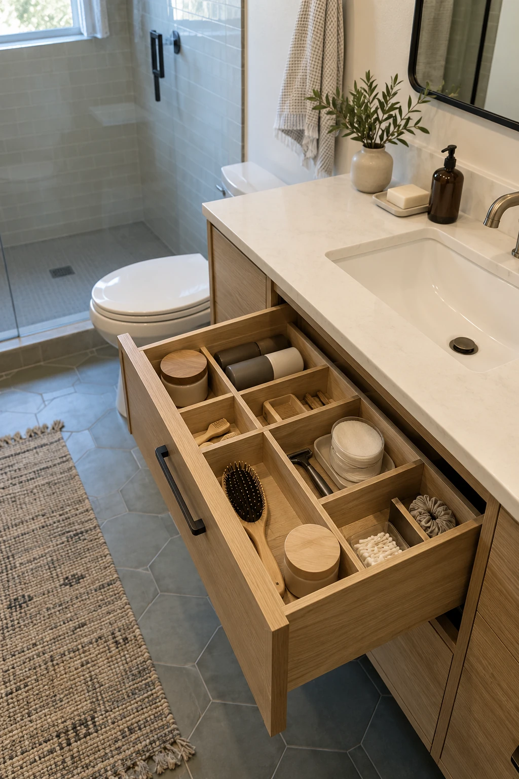 Open modern bathroom vanity drawer organized with bamboo dividers