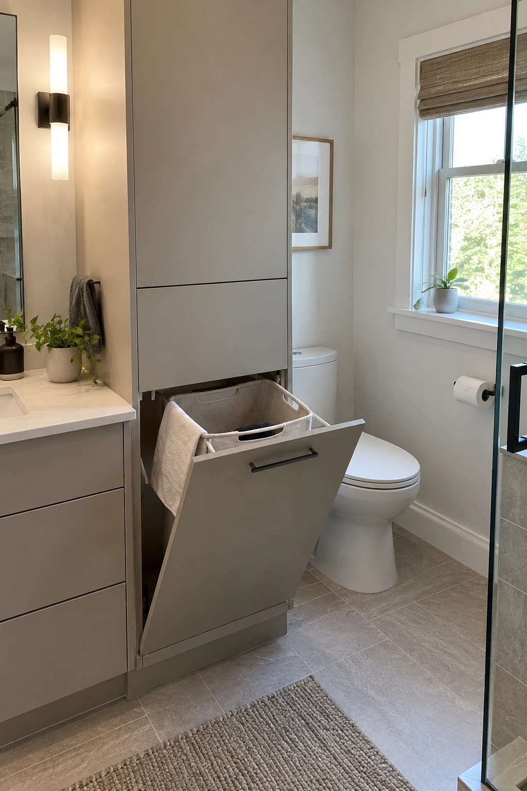 Modern bathroom cabinet with a concealed tilt-out laundry hamper