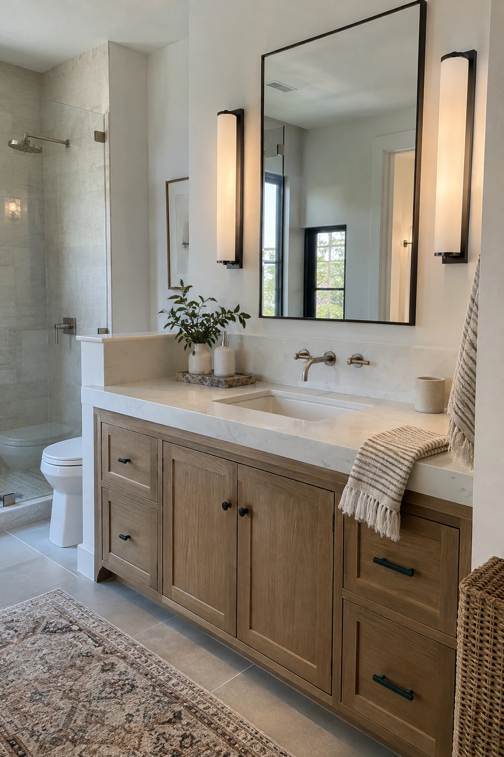 Modern bathroom mirror flanked by slim vertical sconces