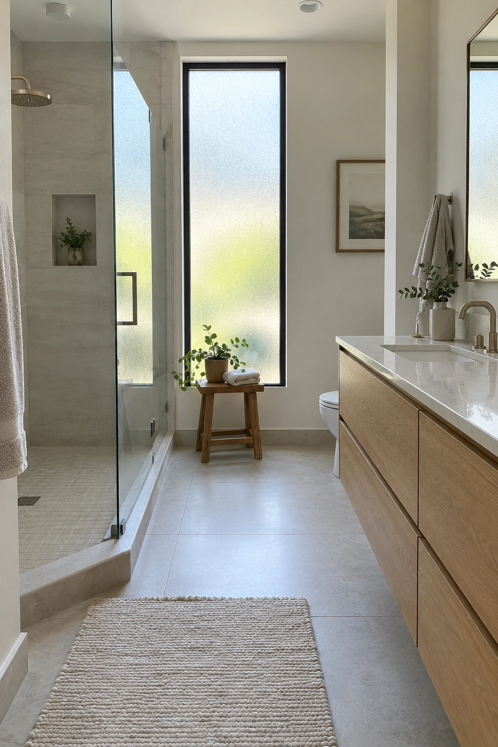 Modern bathroom with a tall frosted window beside the shower