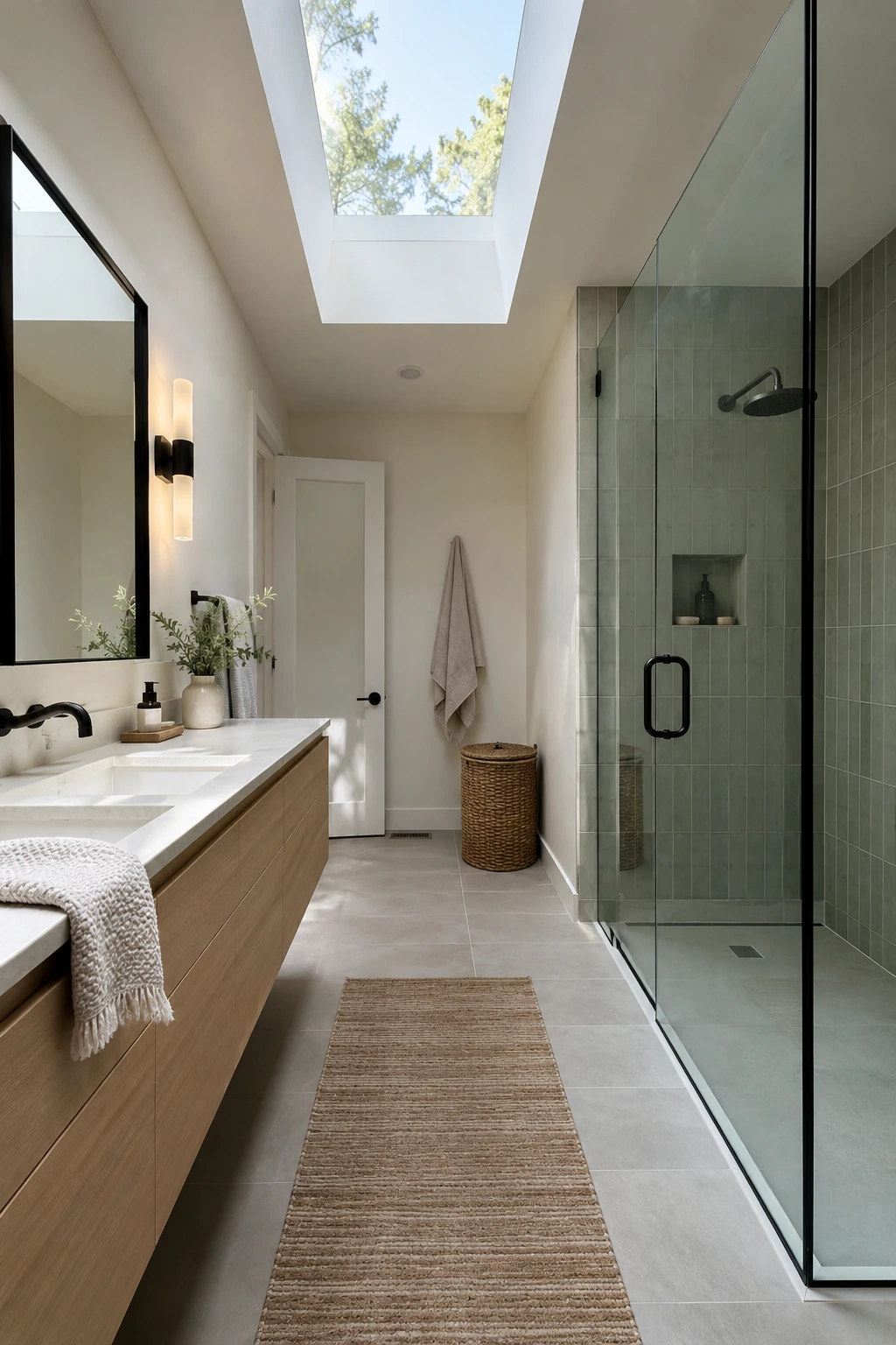 Modern bathroom illuminated by a skylight above the center aisle