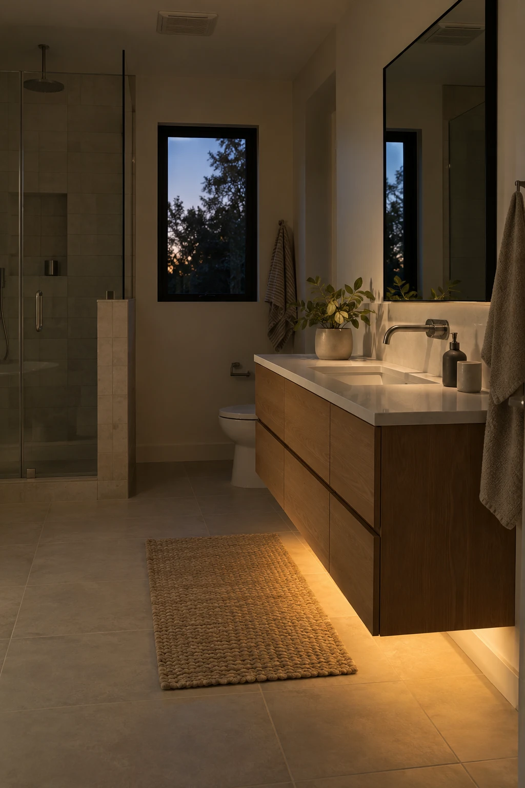 Modern floating vanity with a subtle motion-activated night light below