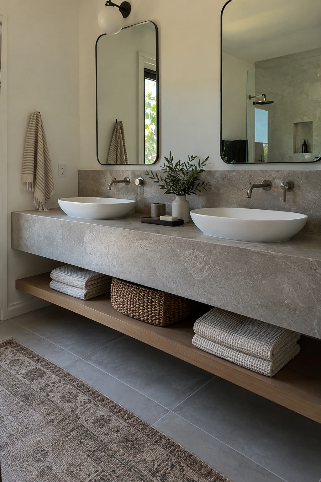 Modern bathroom vanity with wall-mounted faucets and vessel sinks