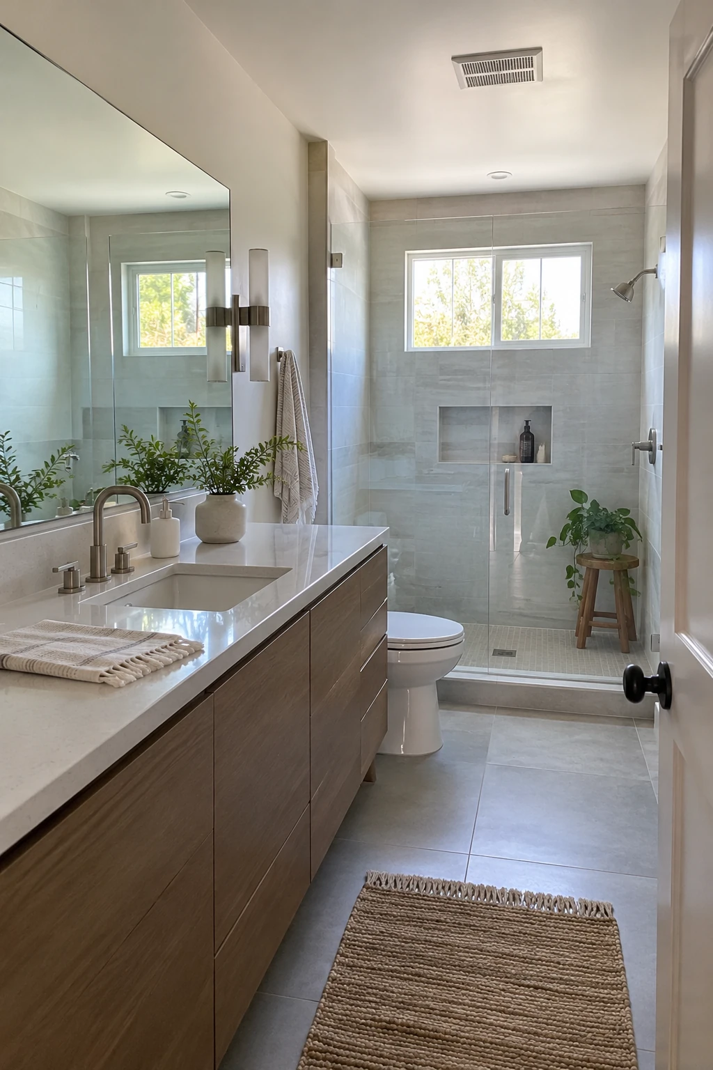 Small modern bathroom with a full-width mirror above the vanity