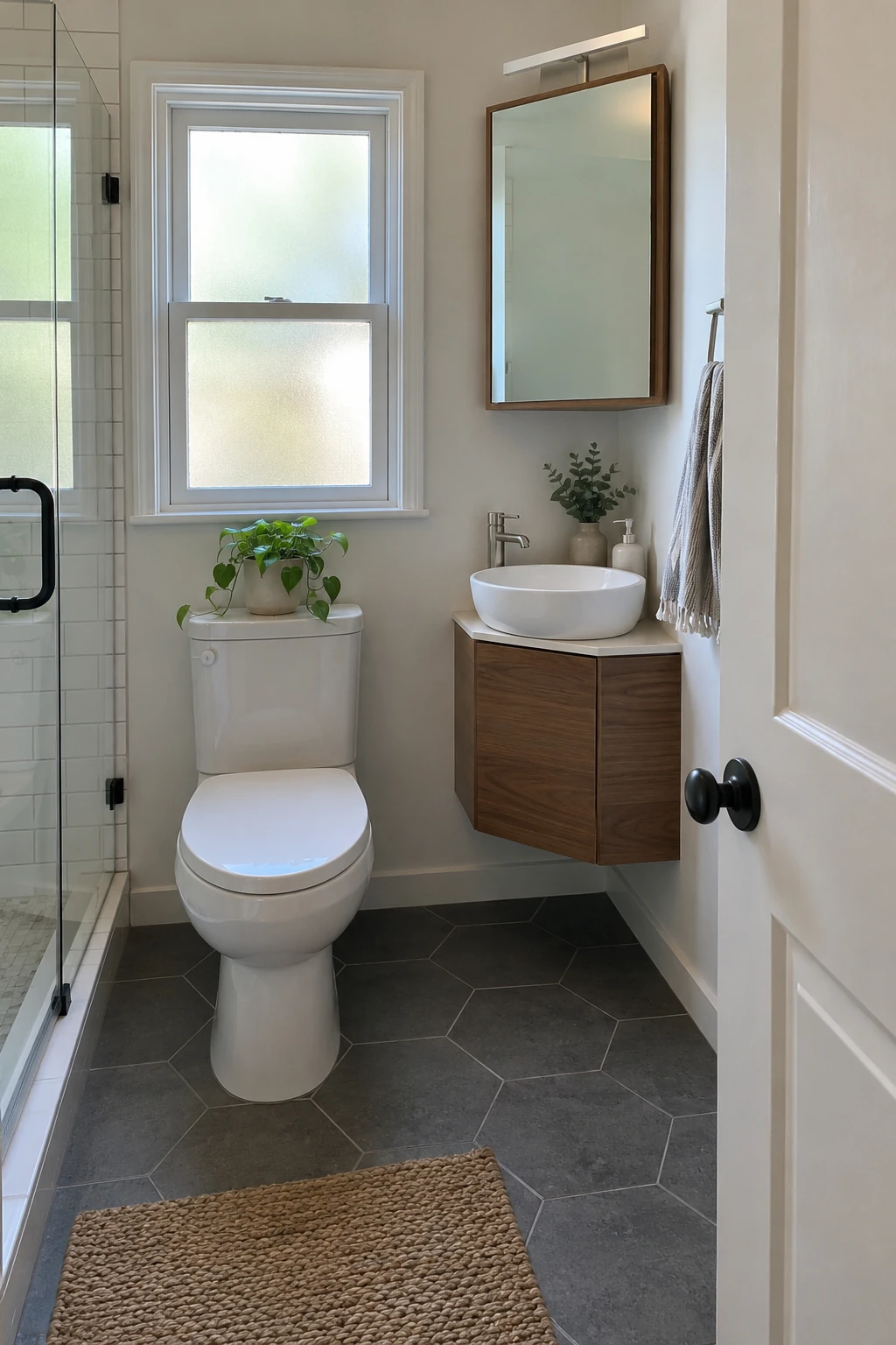 Tiny modern bathroom with a compact floating corner vanity