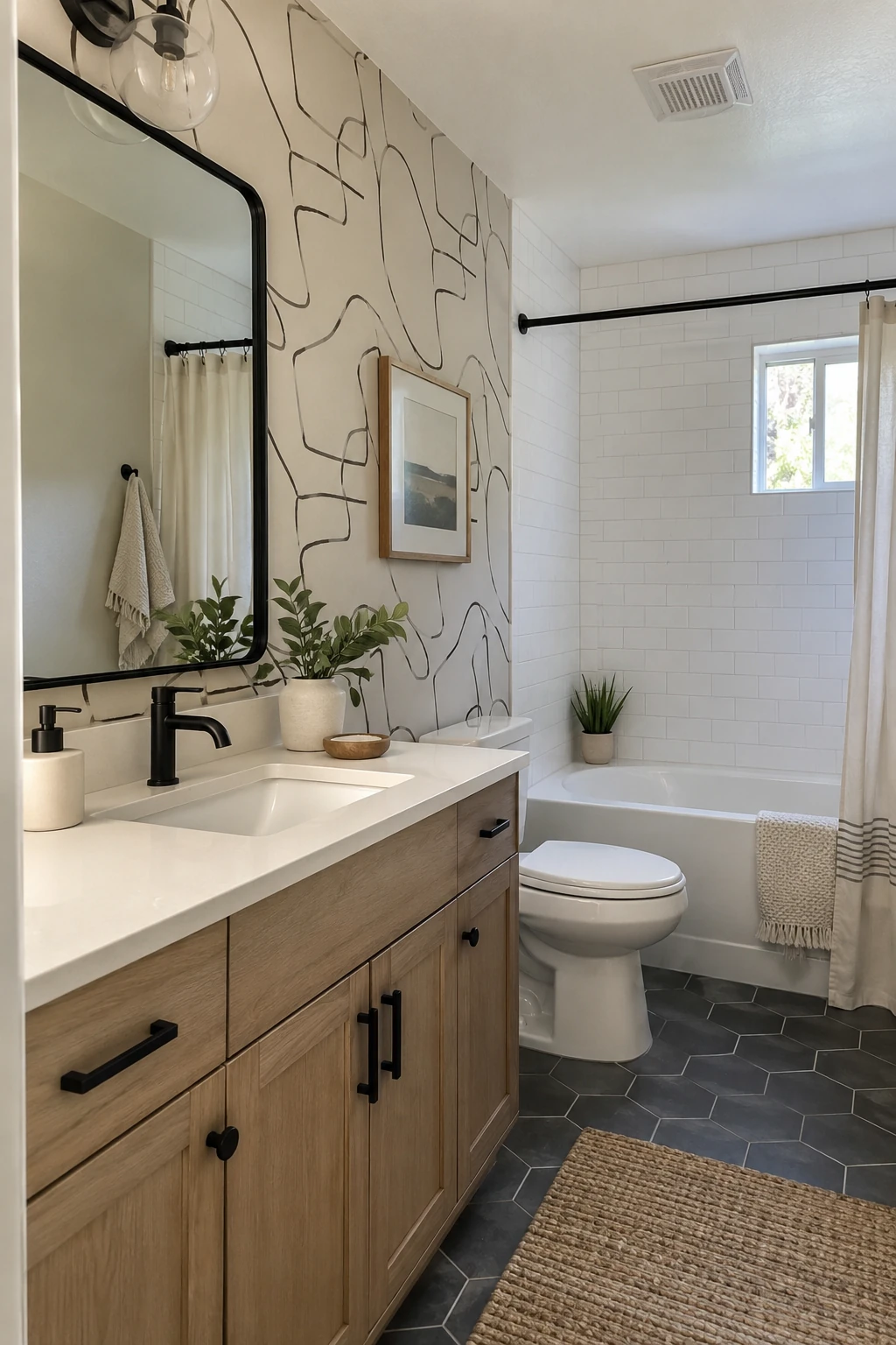 Modern rental bathroom with removable geometric wallpaper on a dry wall