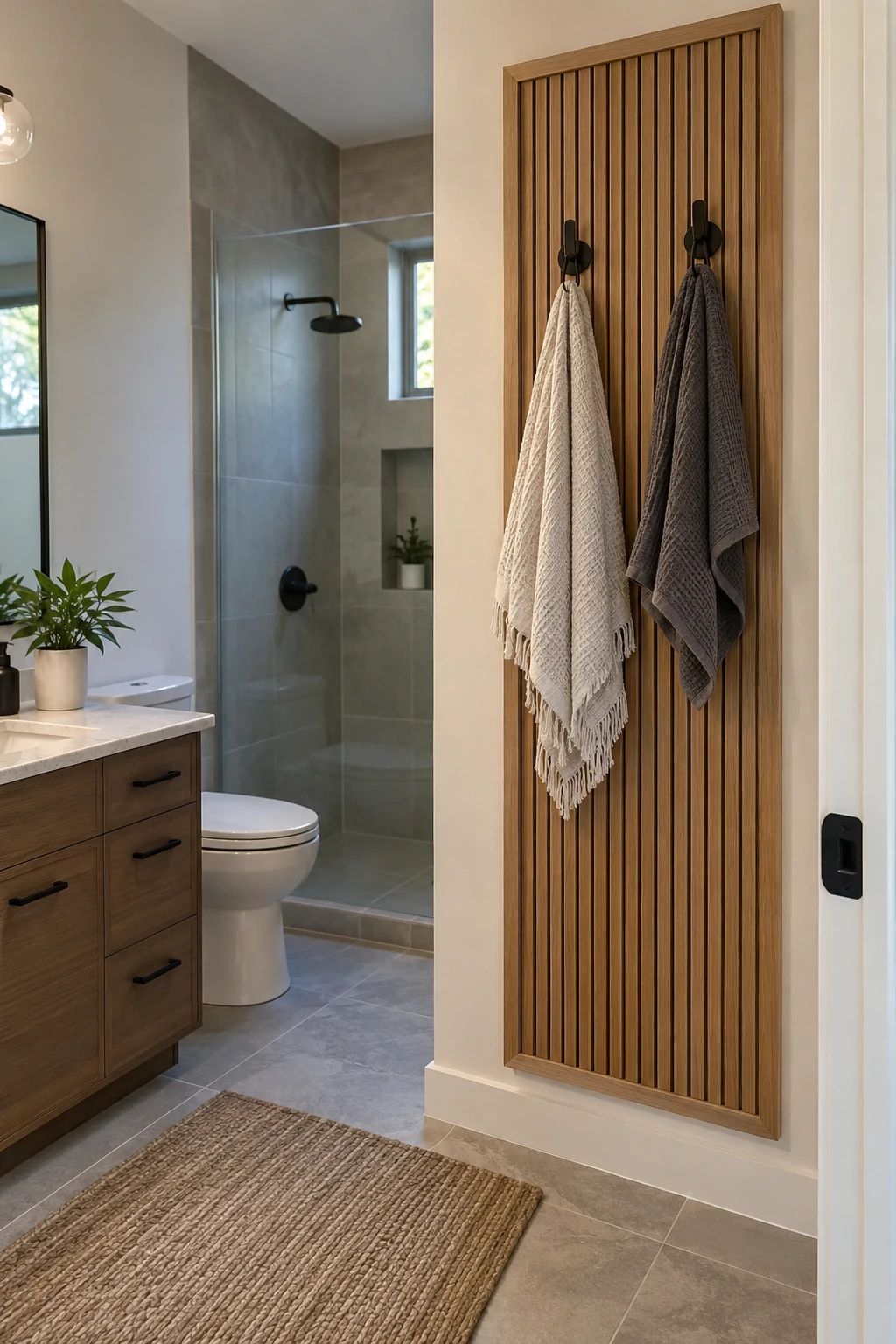 Modern rental bathroom with a removable wood slat towel panel