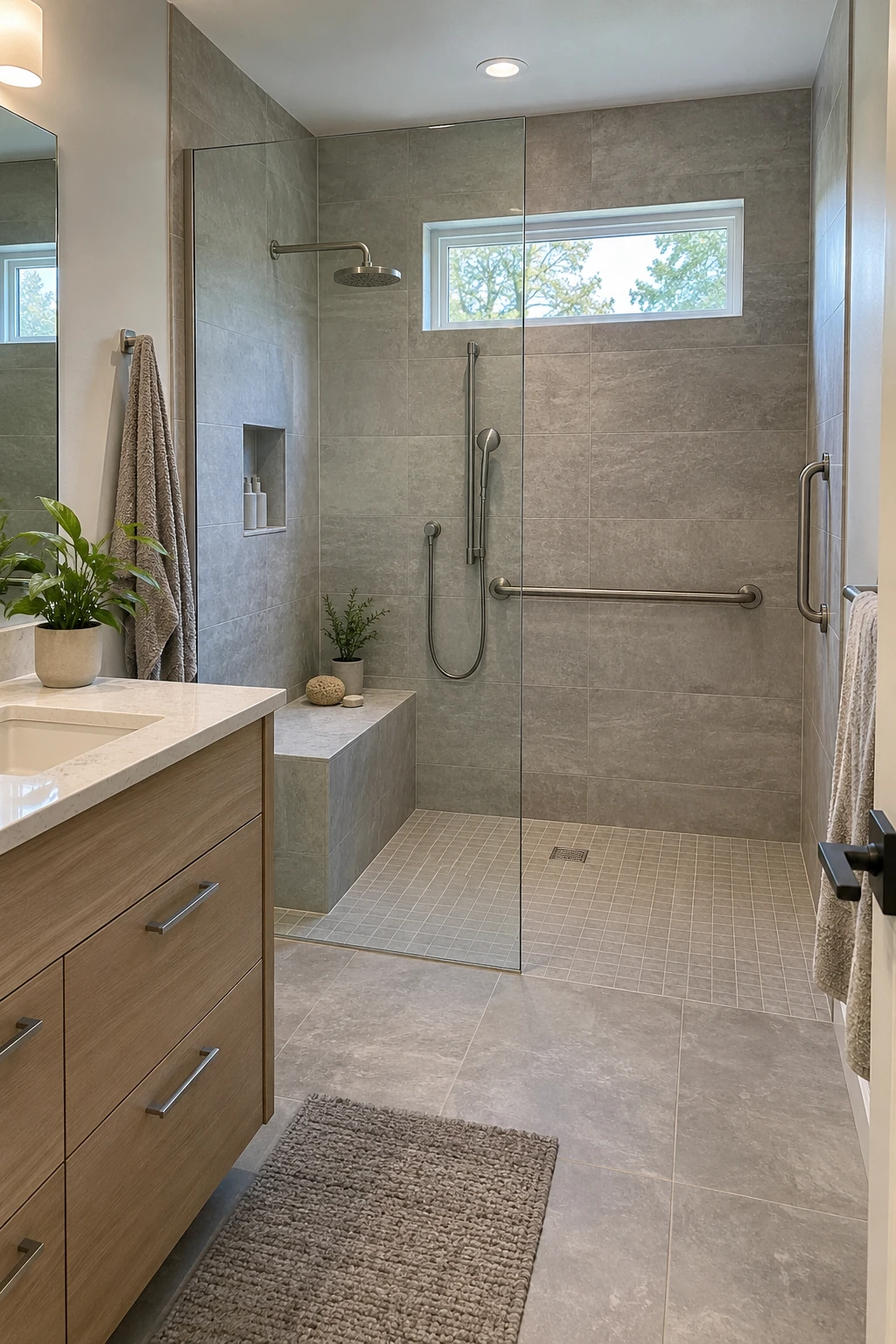 Modern accessible shower with integrated bench and sleek grab bars