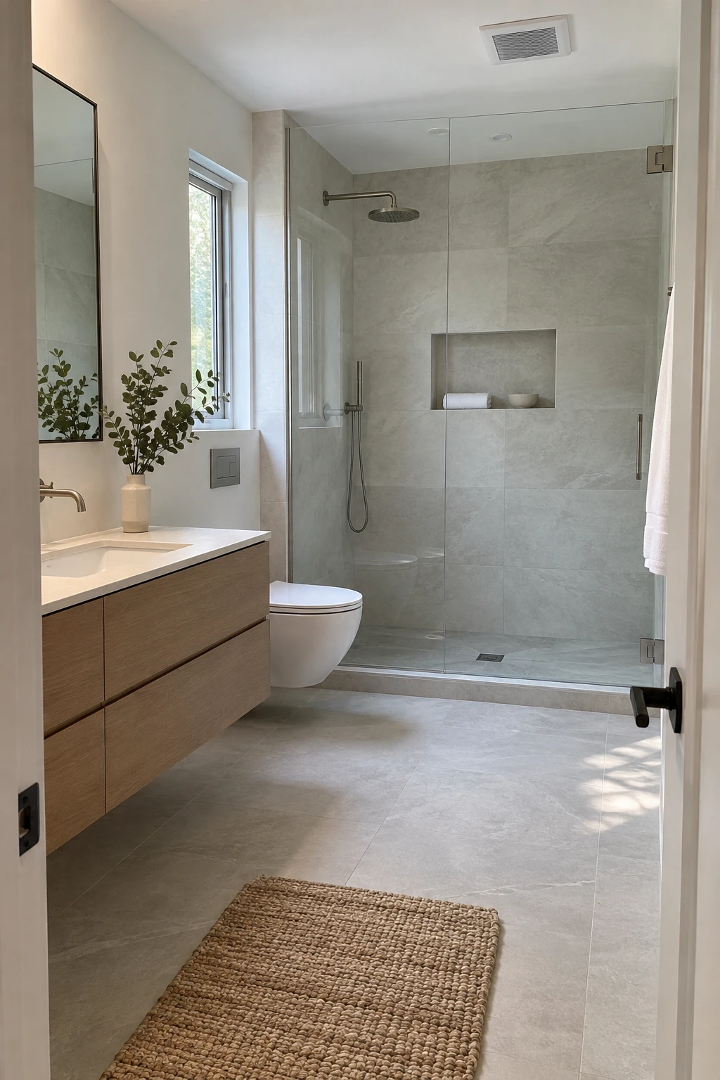 Clean modern bathroom with simple surfaces and a discreet exhaust vent