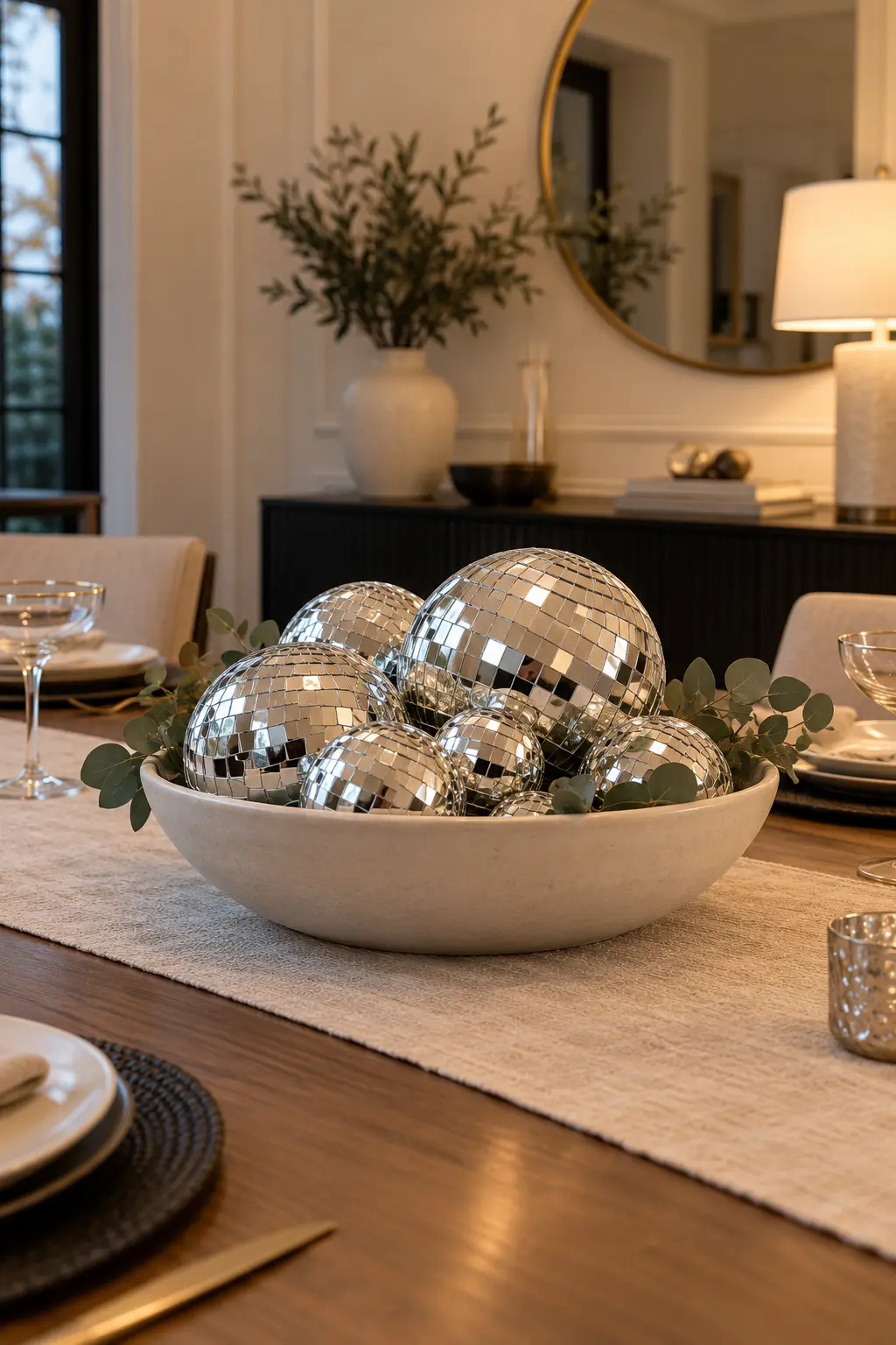 Gather Mini Disco Balls in a Bowl New Year centerpiece idea