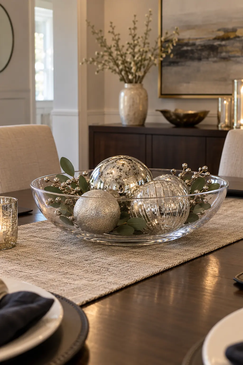 Float Silver Orbs in Clear Glass New Year centerpiece idea