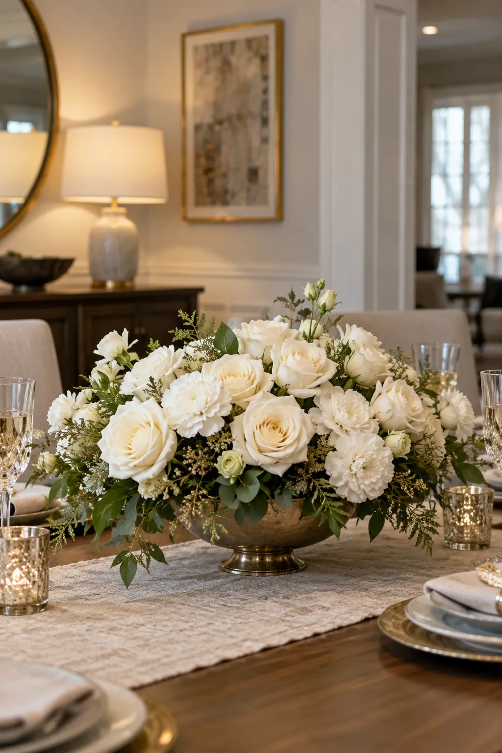 Arrange White Blooms in a Footed Bowl New Year centerpiece idea