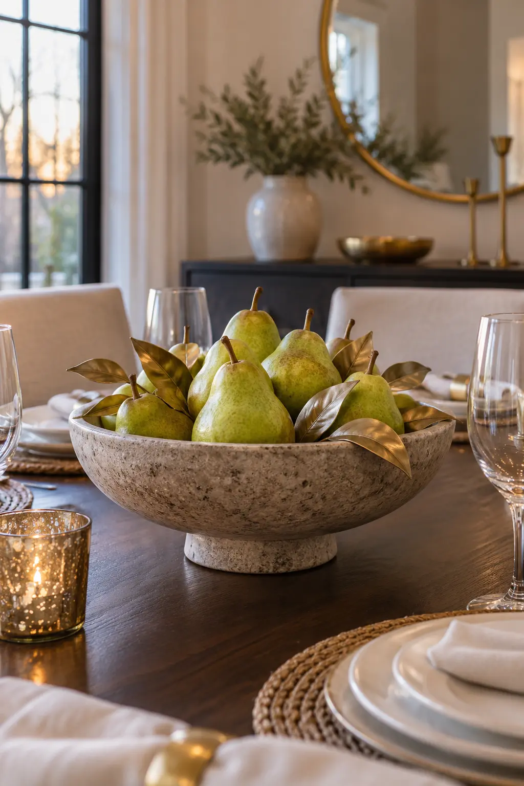 Fill a Bowl With Pears and Metallic Leaves New Year centerpiece idea