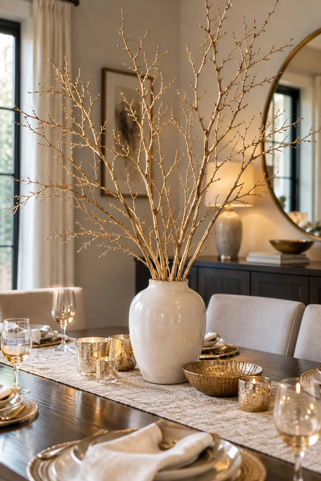 Paint Bare Twigs Champagne Gold New Year centerpiece idea