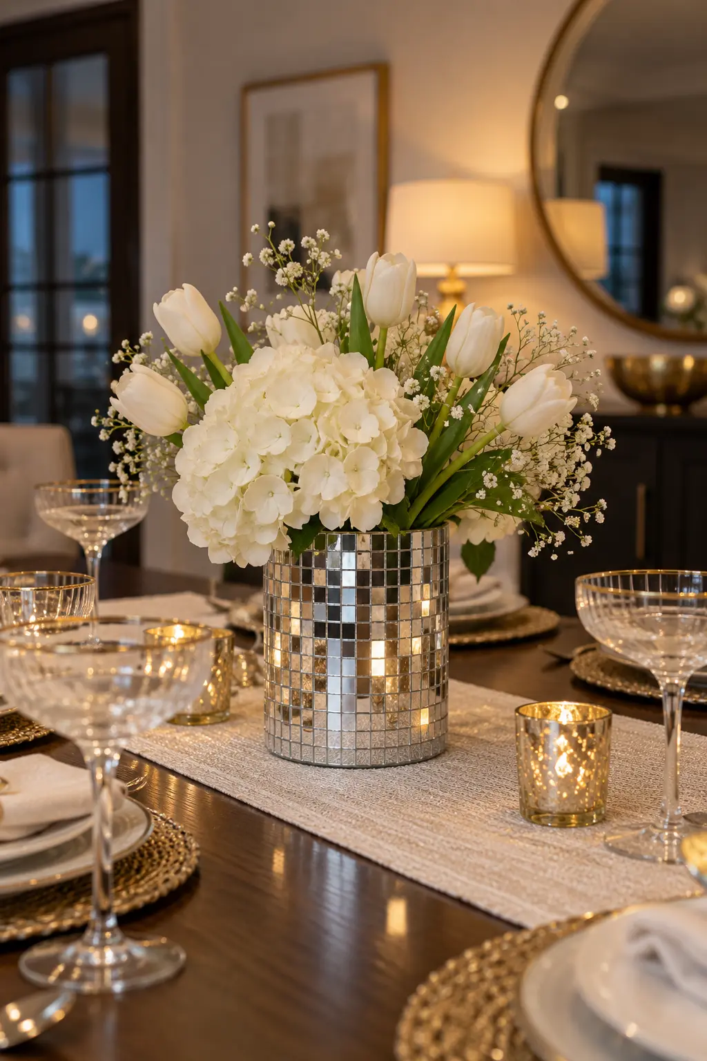 Stack Disco Tiles Around a Cylinder New Year centerpiece idea