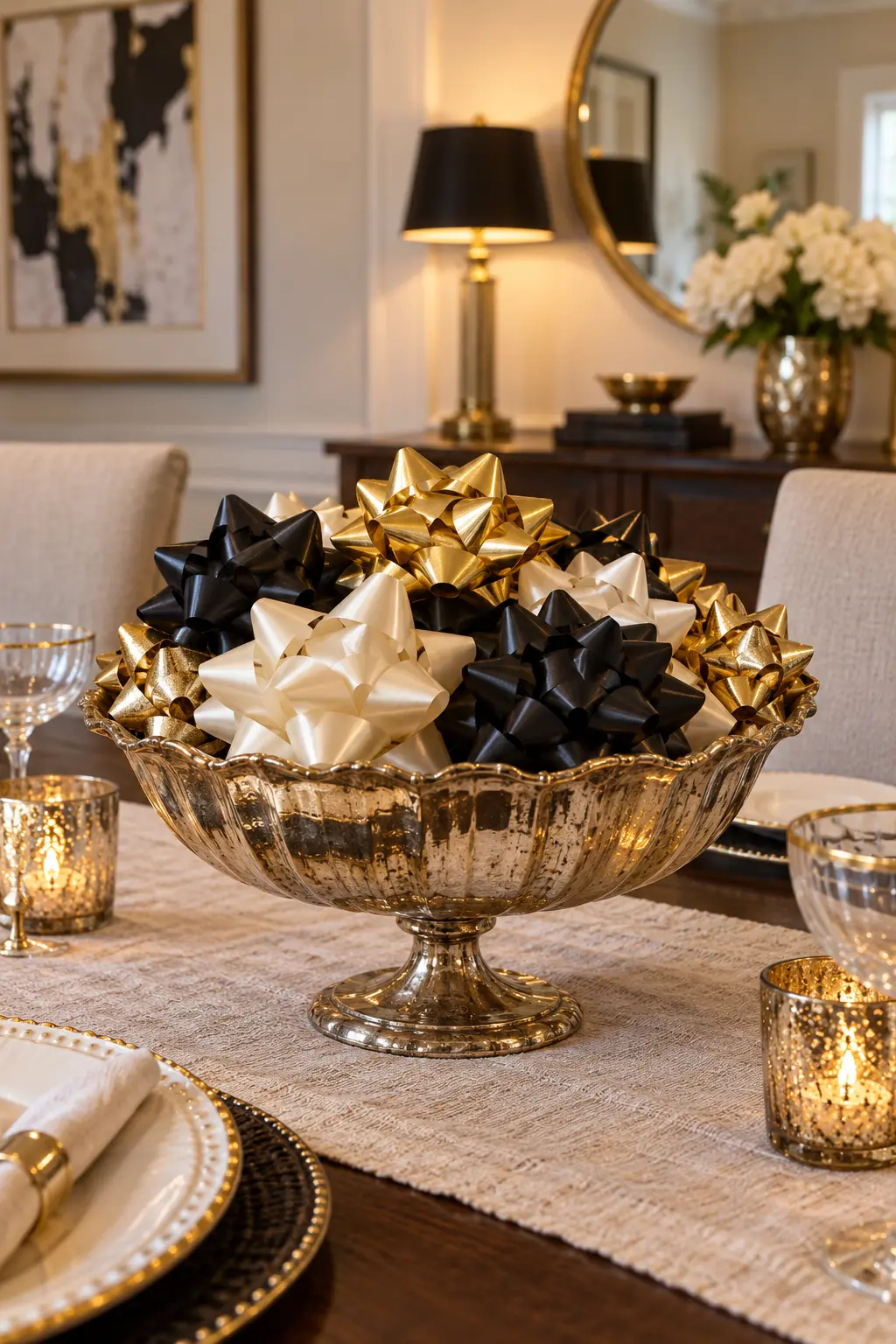 Fill a Compote With Gift Bows New Year centerpiece idea