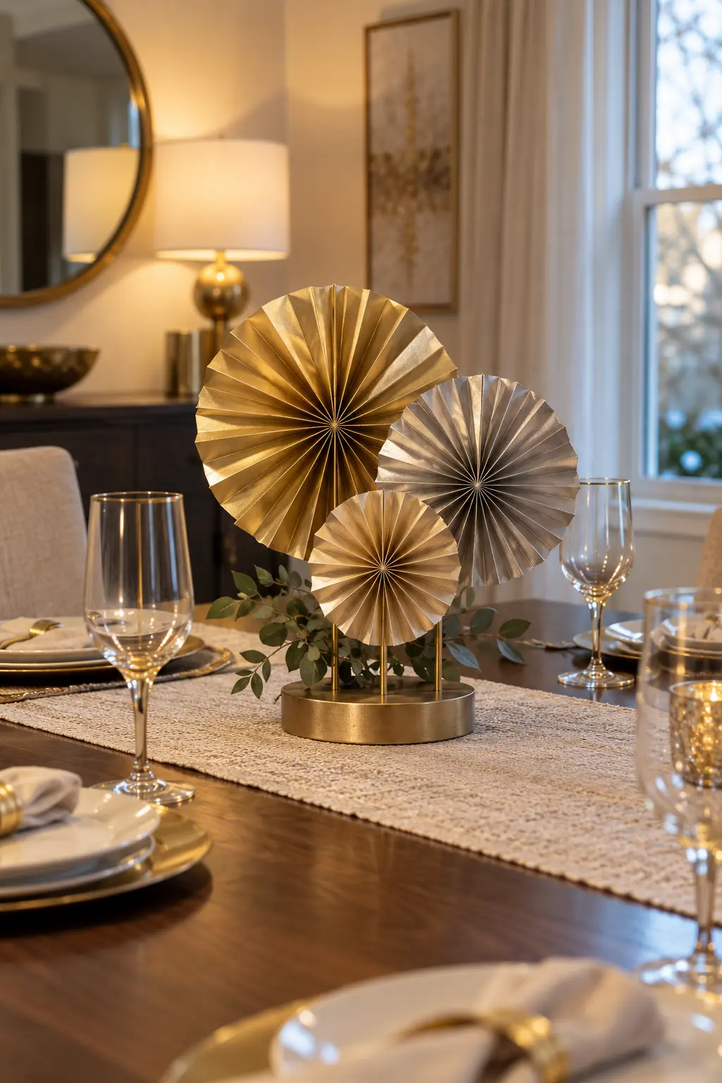 Make a Metallic Paper Fan Cluster New Year centerpiece idea