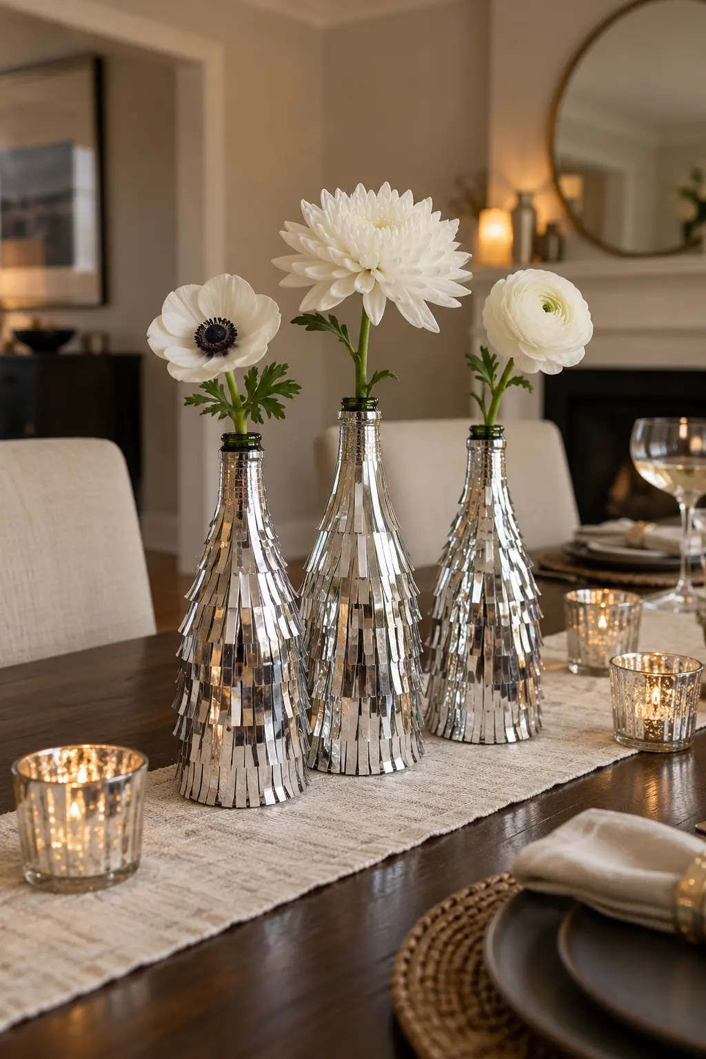 Wrap Bottles in Removable Foil Fringe New Year centerpiece idea