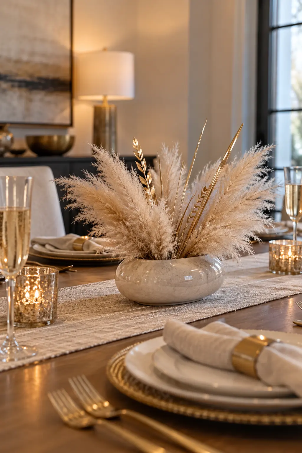Pair Pampas With Metallic Reeds New Year centerpiece idea